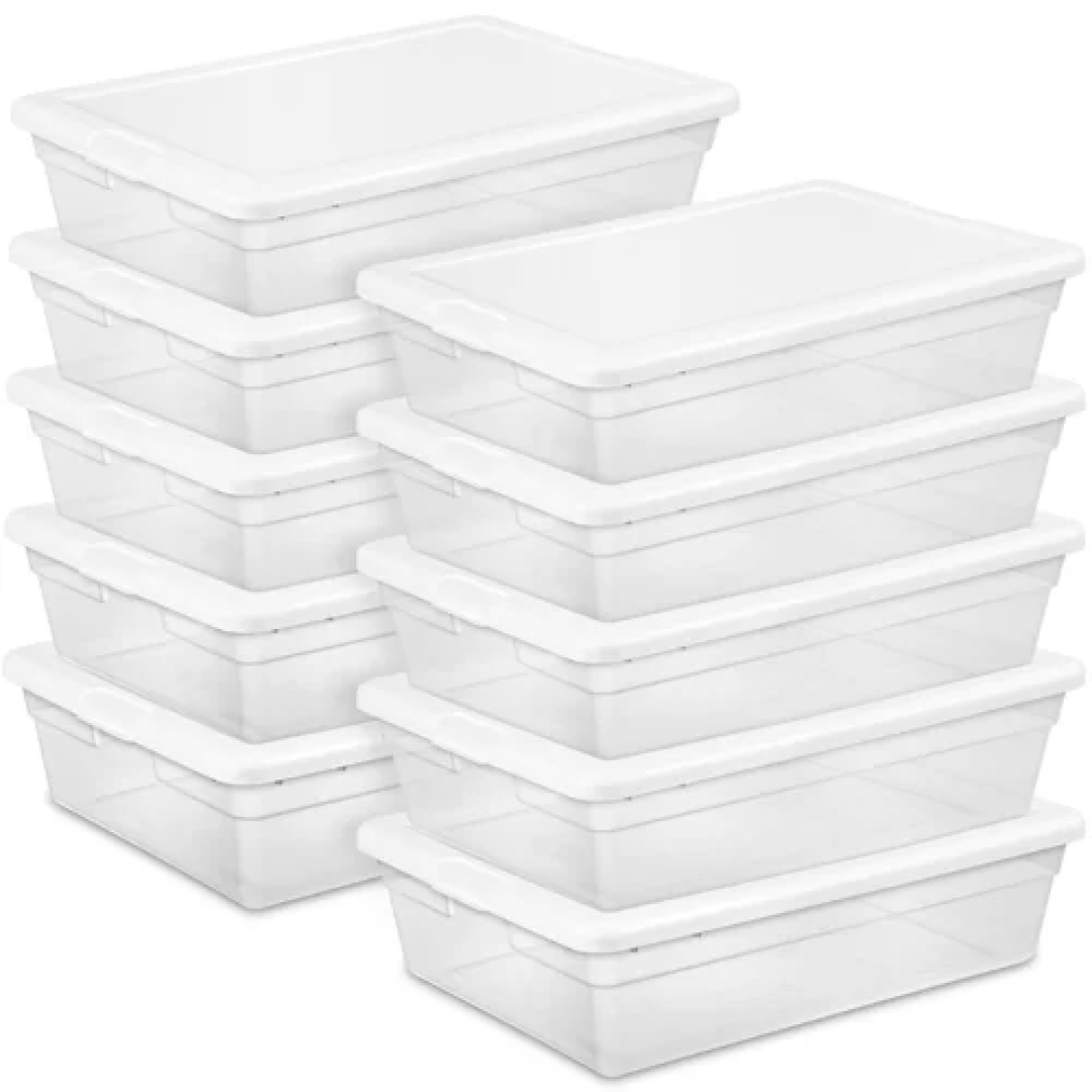 Sterilite 12 Pack 16 Qt Stackable Storage Box, Clear Plastic Snap-On Lid Bins