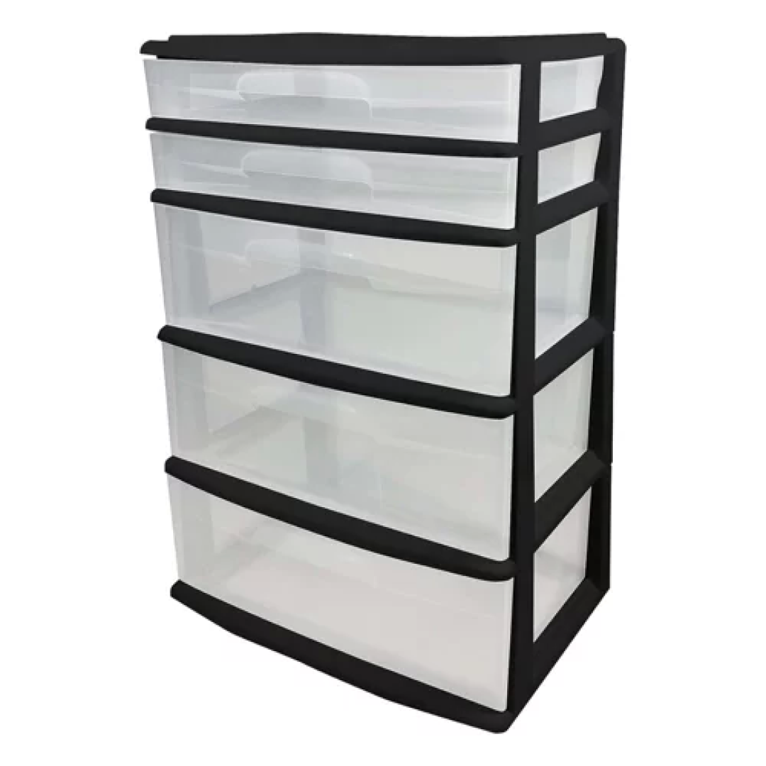 Homz Extra-Wide Plastic Storage and Organizer Tower with 5 Clear Drawers for Home, Office, Classroom, Craft, Art Supplies, Clothes, Black Frame