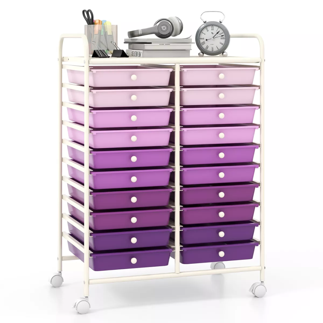 Tangkula 20-Drawer Rolling Storage Cart Art Craft Organizer Cart Mobile Utility Storage Cart with Removable Drawers & Lockable Wheels Purple