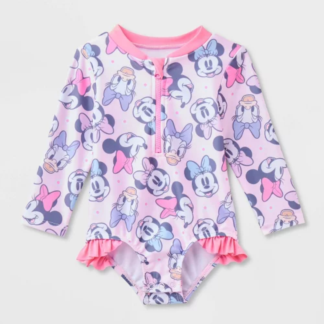 Baby Girls' Disney Minnie & Daisy Long Sleeve One Piece Rash Guard - Pink