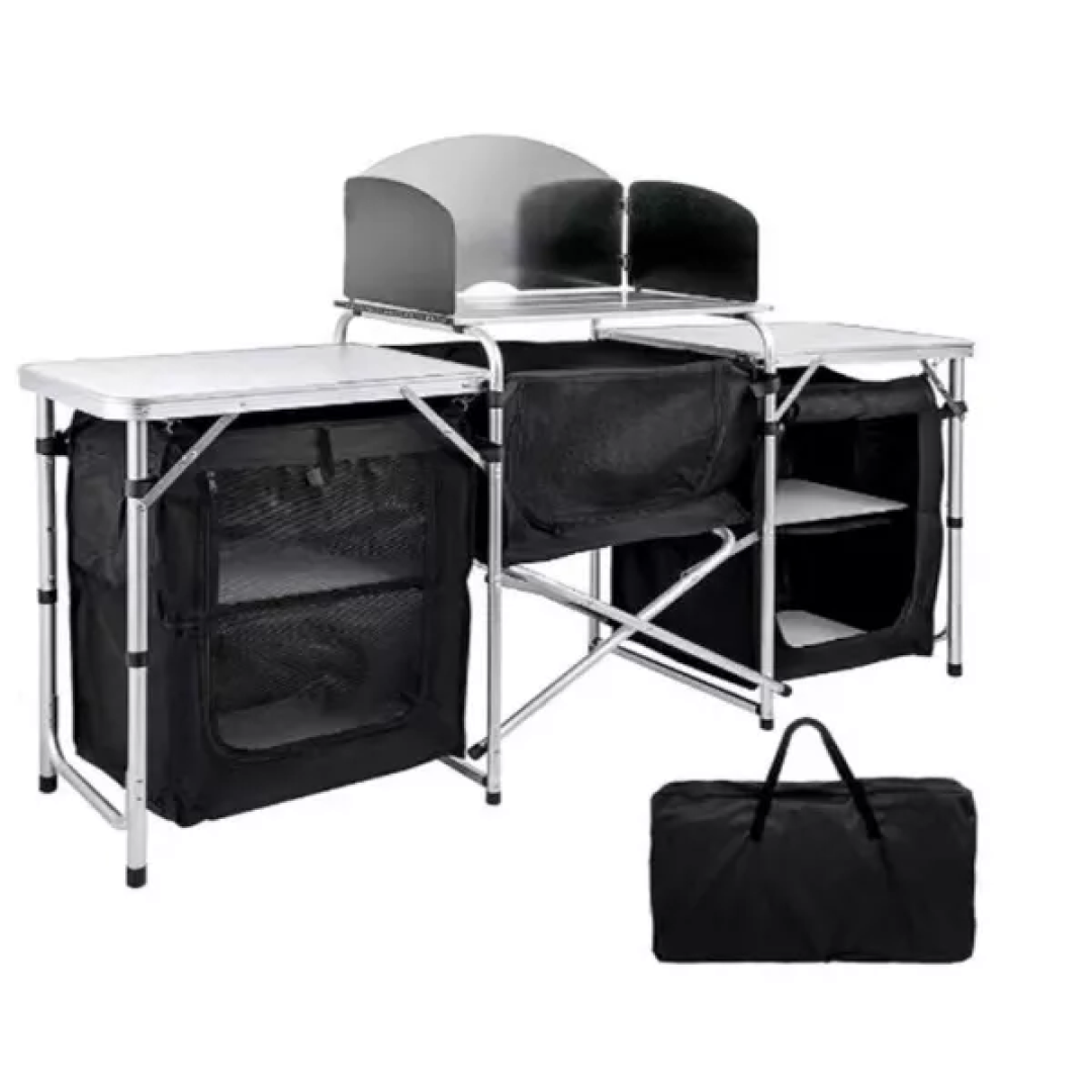 MPM 6' Aluminum Portable Fold-Up Camping Kitchen with Windscreen and 5 Enclosed Cupboards, Cook Station, for BBQ, Camping, Picnic, Backyard