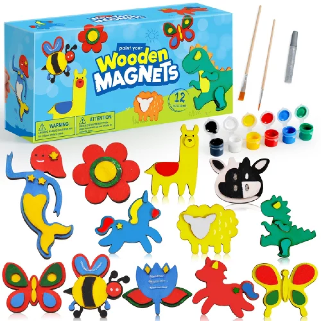 Joyfy 12 Pcs Wooden Magnet Painting Kits For Kids, Spring Wood Paint Kit, Ideal Arts & Crafts, Birthday Gifts Party Favors for Boys Girls Age 3+