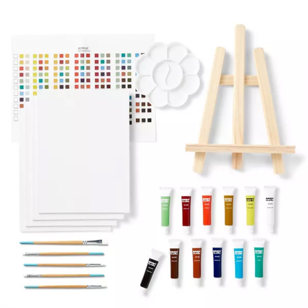25pc Artist Acrylic Starter Set - Mondo Llama™: Easel & Paint Kit with Brushes, Palette, Canvas Boards, Design Guide
