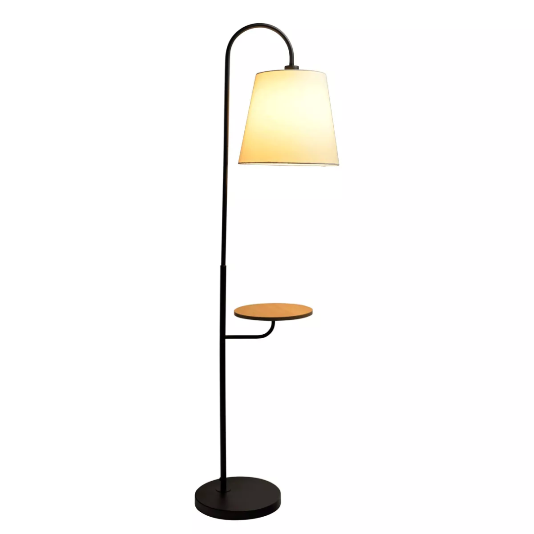 Black Floor Lamp – Wood Table, Metal Base, Rotary Switch