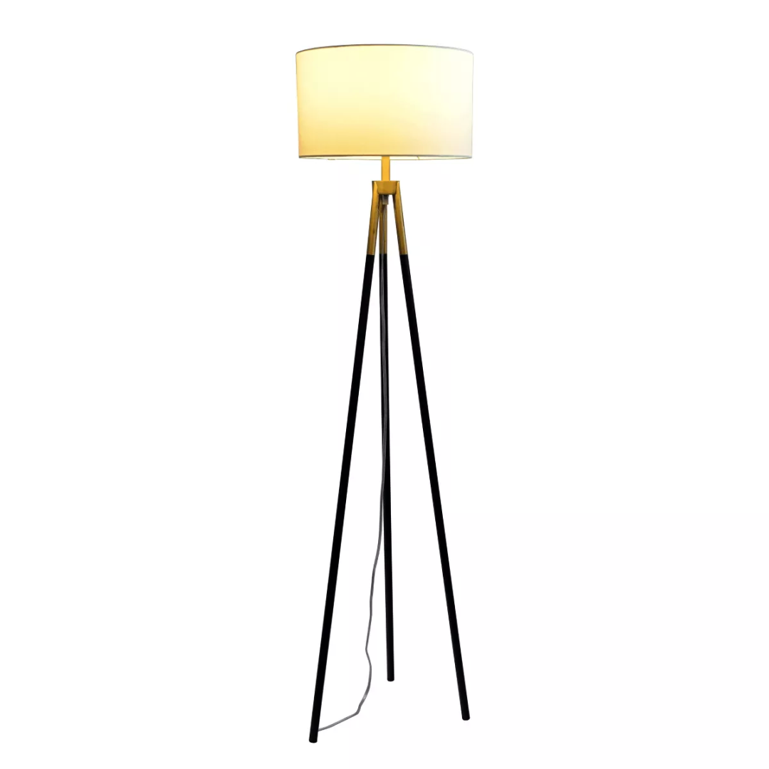 Brushed-Gold Triple-Spot Floor Lamp – Metal Cone Base, Rotary Switch