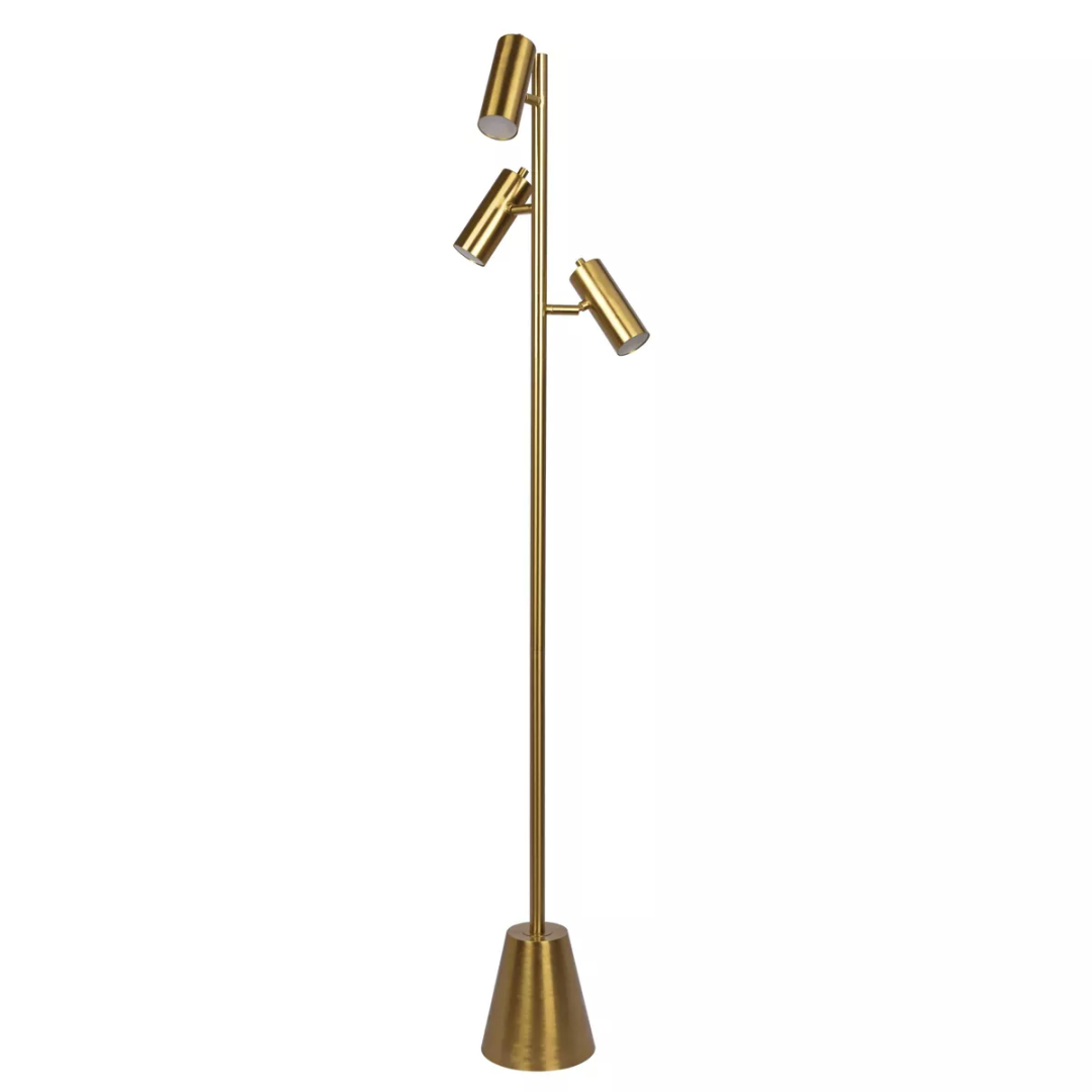 Brushed-Gold Triple-Spot Floor Lamp – Metal Cone Base, Rotary Switch