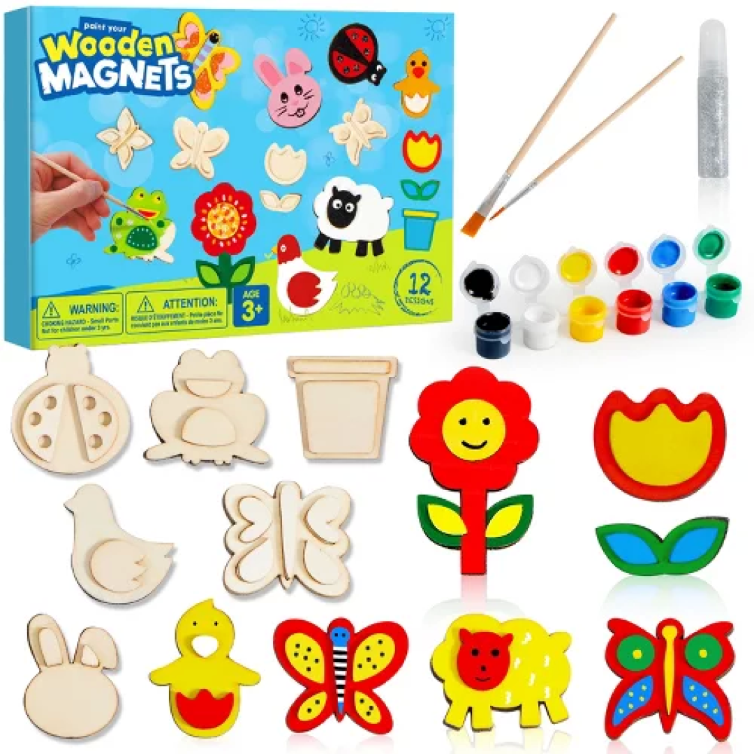 Joyfy 12-Piece Wooden Magnet Painting Kit for Kids Age 3+, Creativity Arts & Crafts
